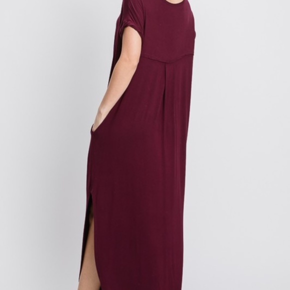 01 Solid Oversized V neck Side Slit Pocket Maxi Dress - Picture 6 of 6